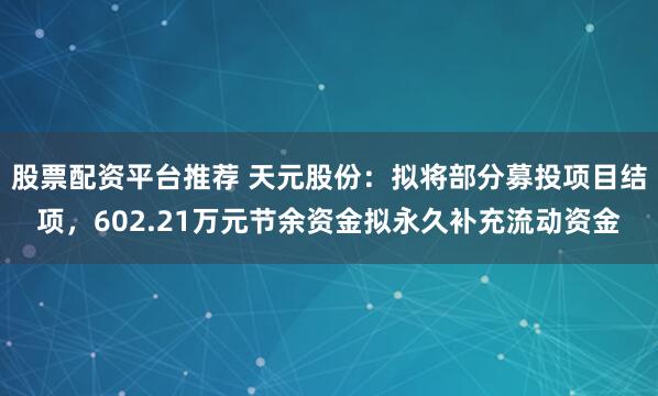 股票配资平台推荐 天元股份：拟将部分募投项目结项，602.21万元节余资金拟永久补充流动资金